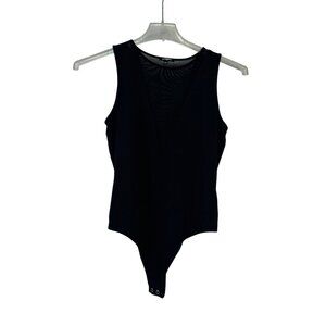 Express Womens Size Medium Black Sleeveless V-Neck Mesh Panel Thong Bodysuit